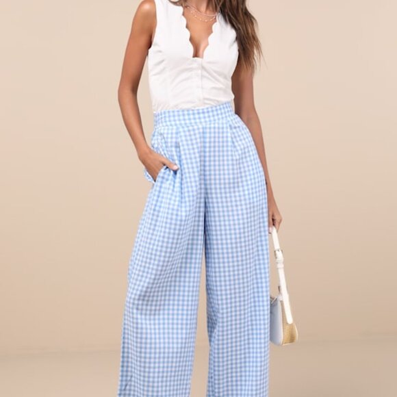 Lulus Delphine Blue And White Gingham Wide-leg Pants - Size S - Picture 1 of 1